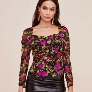 ASTR The Label Floral Long Sleeve Sweetheart Back Tie Blouse Black Purple XS